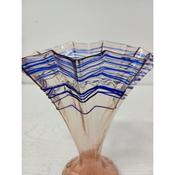 VTG Bohemian Hand Blown Art Glass Vase Pink Blue Flare Rim MCM Czechoslovakia - Picture 2 of 11